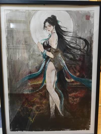 丫丫卡拍--跨年特档*满赠妲己特卡，本场包含之前流拍品（12月31日22点截拍） - 【亲签大画原稿】貂蝉拜月《碳的N次方》尺寸：二开，约89*59cm 带木质外框