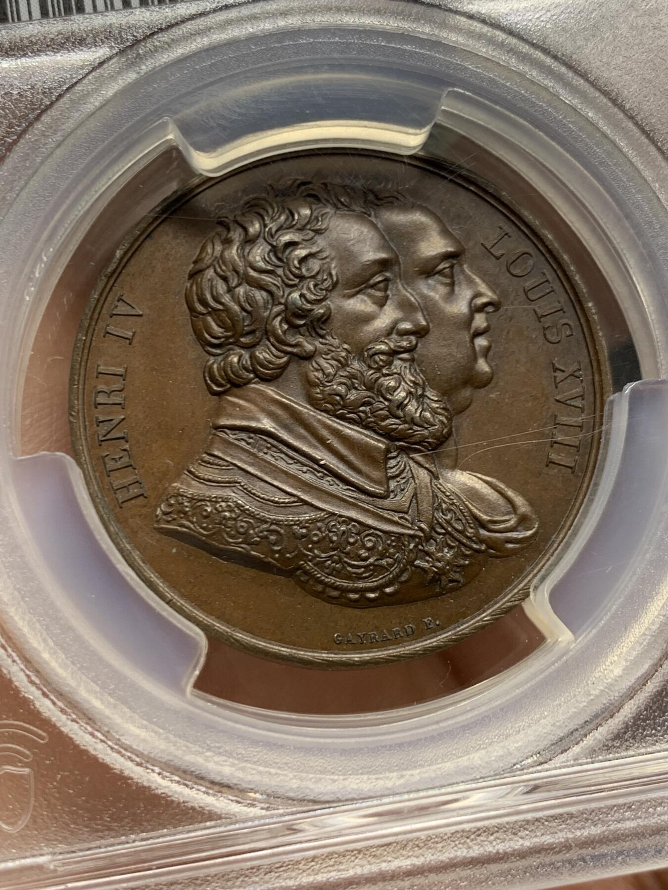 《竞宝斋》第453场 周日，周一 2场连拍 （全场包邮，欢迎送拍） PCGS SP64 法国1817年亨利四世铜像修复纪念章 高浮雕 加厚盒