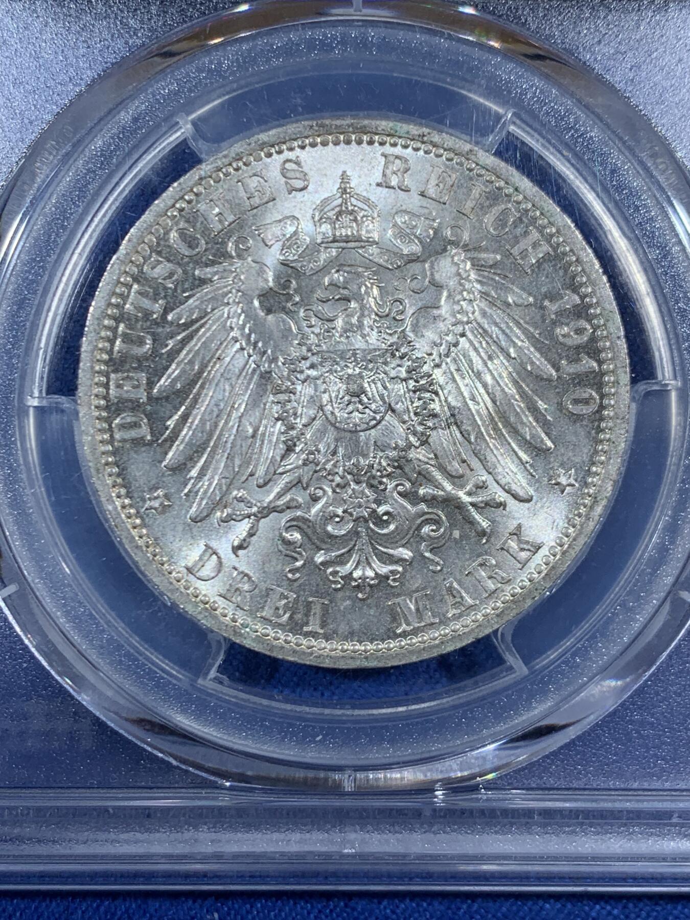 《竞宝斋》第453场 周日，周一 2场连拍 （全场包邮，欢迎送拍） PCGS MS63 德国 1910年 威廉二世3马克银币
