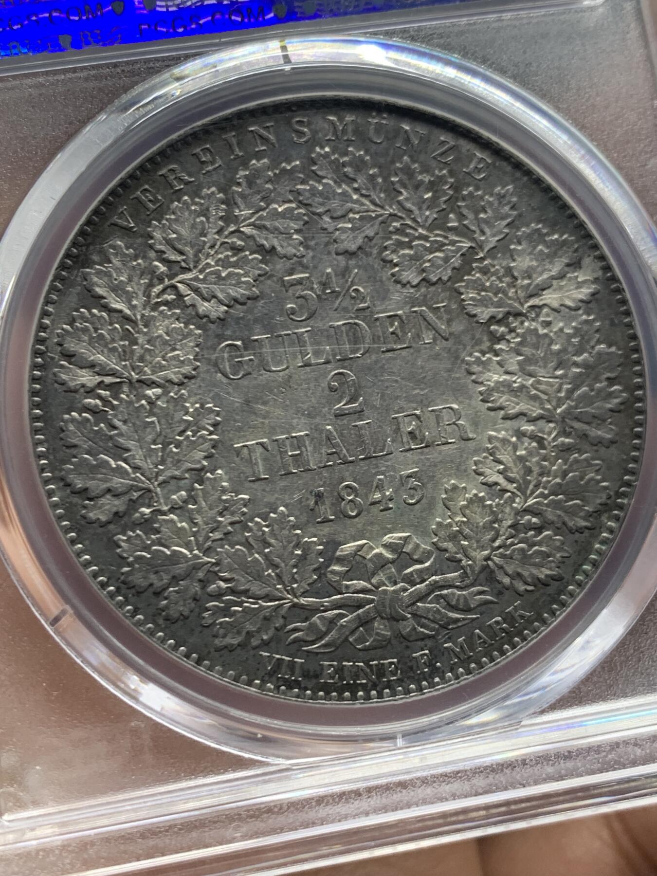 《竞宝斋》第453场 周日，周一 2场连拍 （全场包邮，欢迎送拍） PCGS AU55 德国1843年法兰克福景观2泰勒大银币
