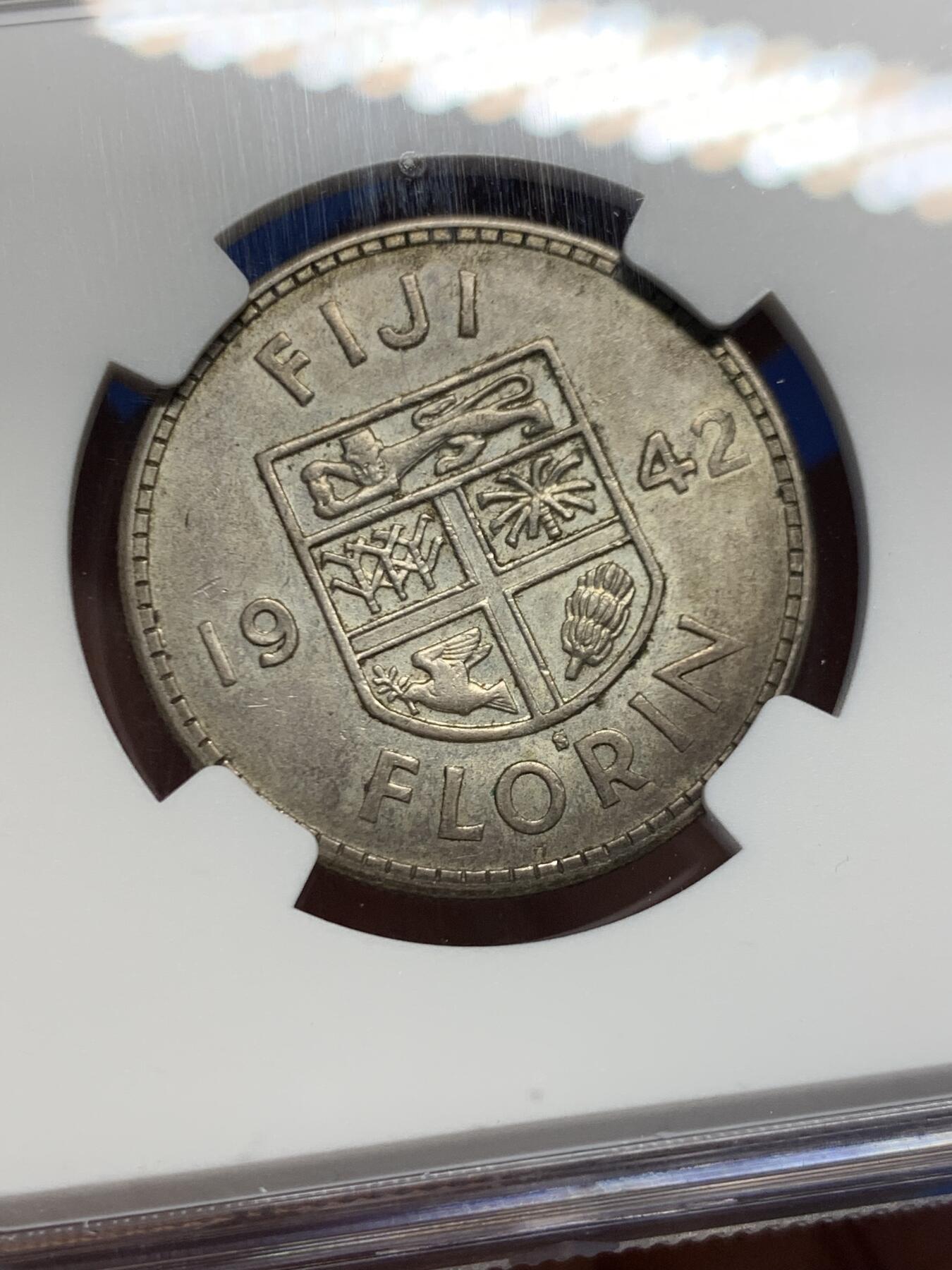 《竞宝斋》第453场 周日，周一 2场连拍 （全场包邮，欢迎送拍） NGC AUD 斐济1942年乔治六世1弗洛林银币