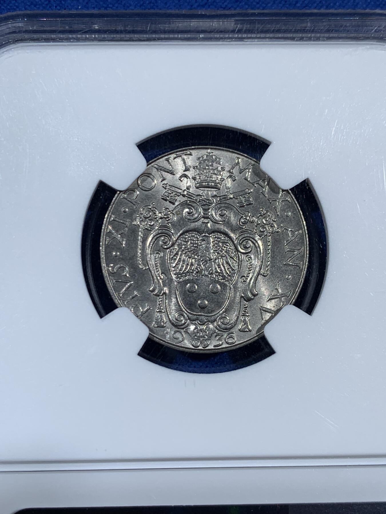 《竞宝斋》第453场 周日，周一 2场连拍 （全场包邮，欢迎送拍） NGC MS65 梵蒂冈1936年大天使50分，季军分。