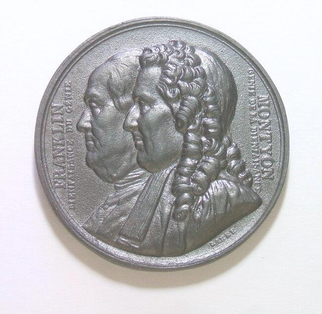 法国1833年 美国国父富兰克林和Montyon精制大锡章 42MM