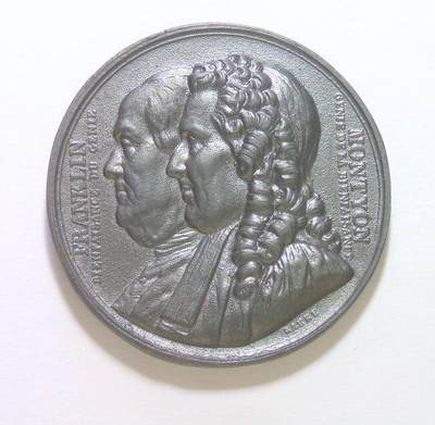 法国1833年 美国国父富兰克林和Montyon精制大锡章 42MM - 法国1833年 美国国父富兰克林和Montyon精制大锡章 42MM