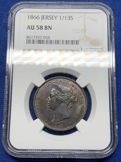 《竞宝斋》第453场 周日，周一 2场连拍 （全场包邮，欢迎送拍） - NGC AU58BN 英属泽西岛1866年1/13先令铜币，带些许铜光，背面字母A有轻微缺铸，品相不错的趣味品