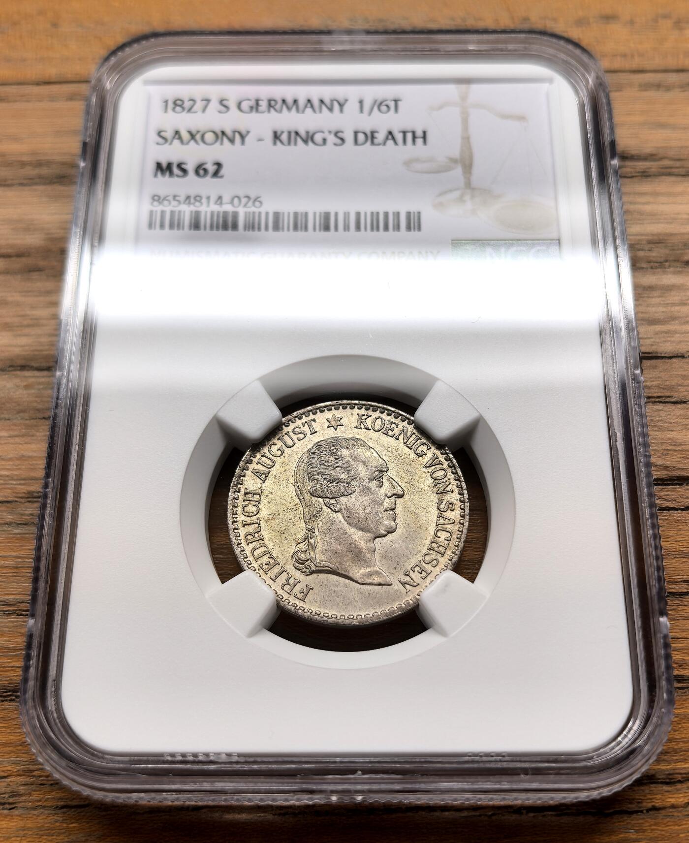凡希社世界钱币微拍第三百十六期 1827德国萨克森国王逝世1/6泰勒纪念银币NGC-MS62