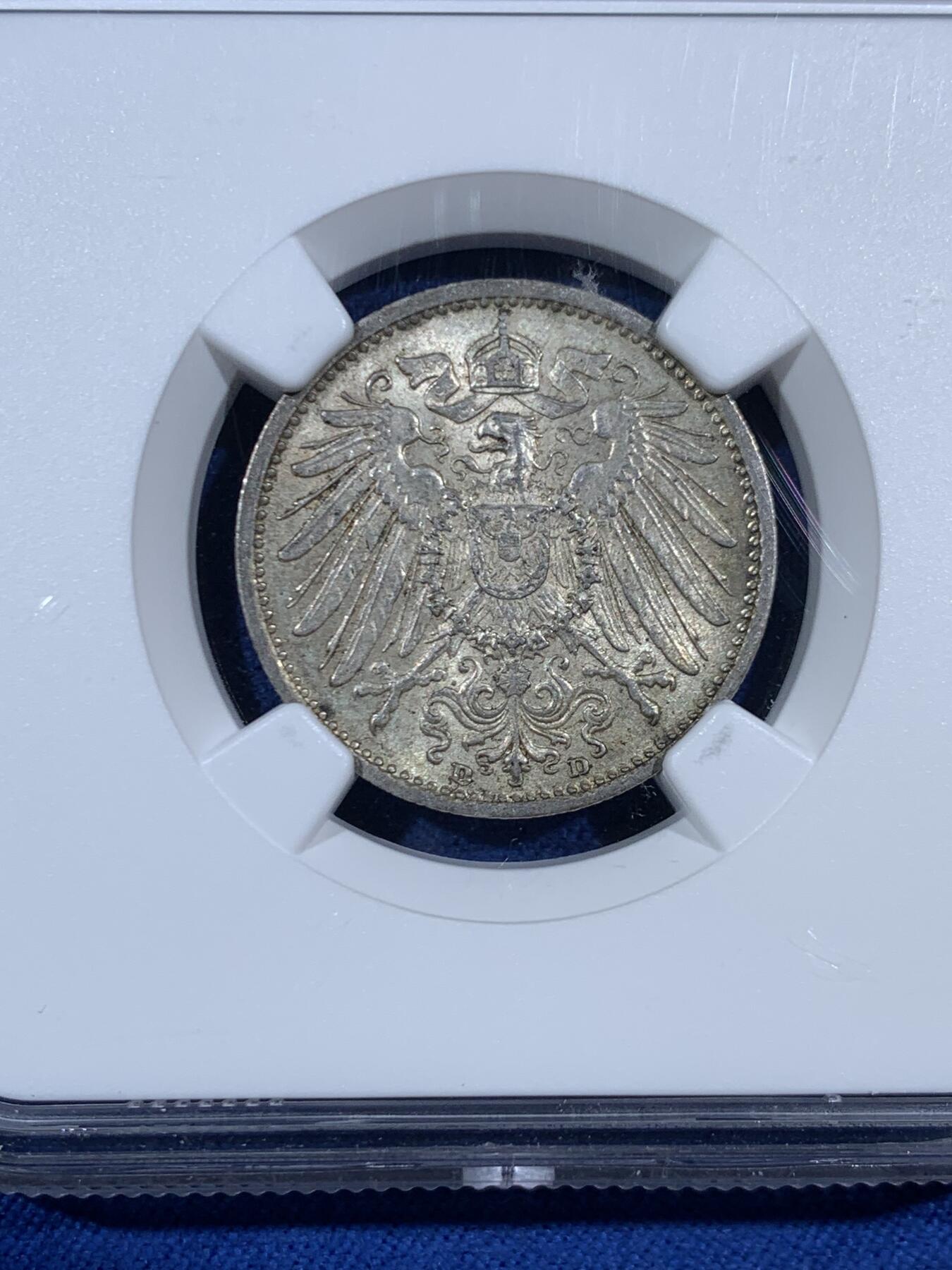 《竞宝斋》第453场 周日，周一 2场连拍 （全场包邮，欢迎送拍） NGC MS64 德国1905D一马克银币，早期少见年份，状态不错，分数合格