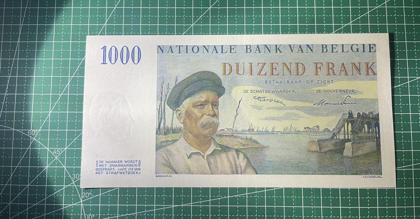 世界靓号纸钞第七十九期 1950年比利时1000法郎 经典大船长 法属风 品相如图 UNC
