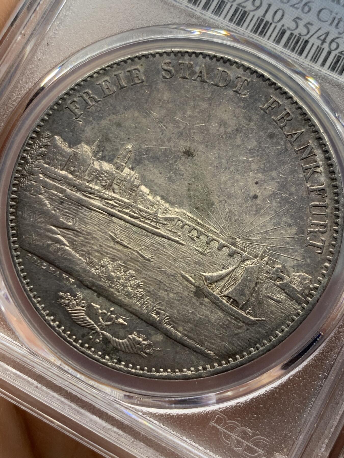 《竞宝斋》第453场 周日，周一 2场连拍 （全场包邮，欢迎送拍） PCGS AU55 德国1843年法兰克福景观2泰勒大银币