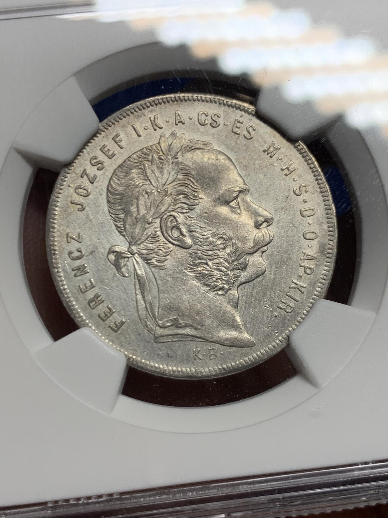 《竞宝斋》第453场 周日，周一 2场连拍 （全场包邮，欢迎送拍） NGC AUD 匈牙利1878年KB版1弗洛林银币 非常见的奥地利版