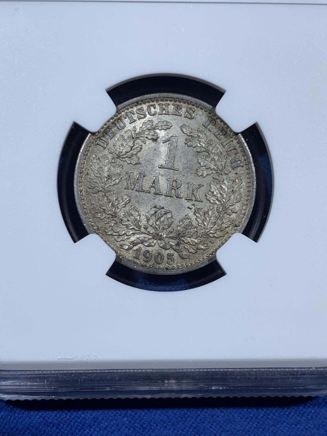 《竞宝斋》第453场 周日，周一 2场连拍 （全场包邮，欢迎送拍） NGC MS64 德国1905D一马克银币，早期少见年份，状态不错，分数合格