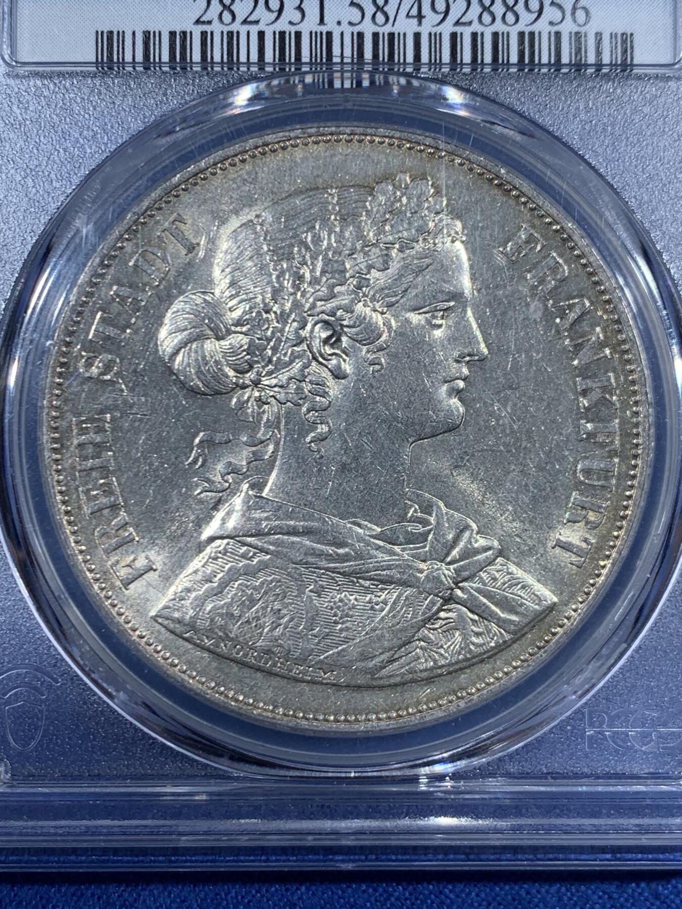 《竞宝斋》第453场 周日，周一 2场连拍 （全场包邮，欢迎送拍） PCGS AU58 德国 1861年 法兰克福少女 2泰勒 银币