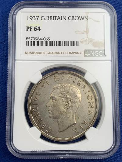 《竞宝斋》第453场 周日，周一 2场连拍 （全场包邮，欢迎送拍） - NGC PF64 英国1937年乔治六世登基1克朗精制银币