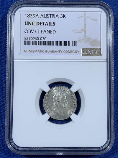 《竞宝斋》第453场 周日，周一 2场连拍 （全场包邮，欢迎送拍） - NGC UNCD 奥地利1829三克鲁泽银币，转光犀利，未见清洗痕迹，严评没分，少见品种