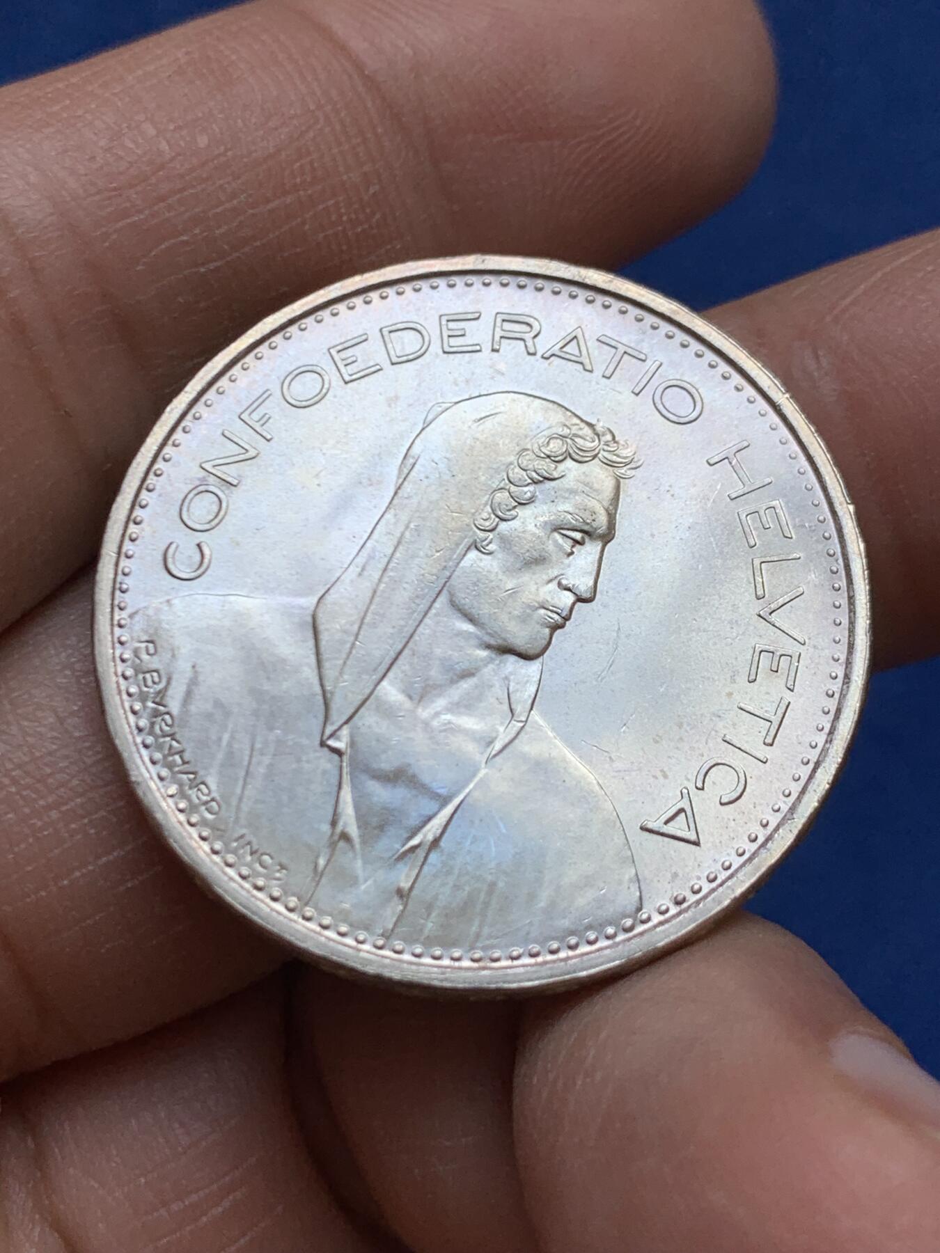 《竞宝斋》第453场 周日，周一 2场连拍 （全场包邮，欢迎送拍） 瑞士1966年5法郎银币，835银，15g，原光品相