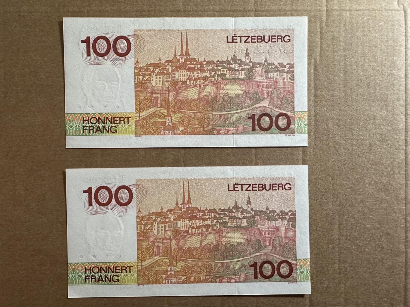 🐍甜小邱世界纸币收藏🐍第138期精品场💐 000（角瑕疵）999豹子号两张 全新UNC 卢森堡 100法郎 