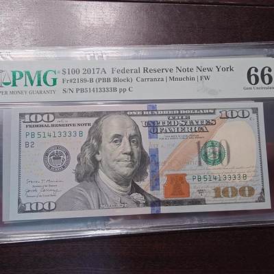 【新年首拍】世界钱币～微拍第222期暨2025年第62期  评级币专场 剩余部分硬通评级币汇率起拍 欢迎参与 - 2017A美国100元 带4狮子号3333 PMG66E