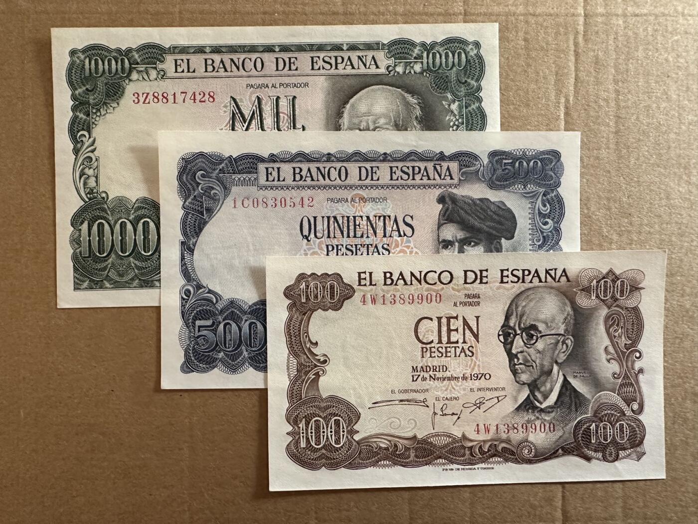 🐍甜小邱世界纸币收藏🐍第138期精品场💐 三张同拍 1970 全新UNC 西班牙 100-500-1000比塞塔