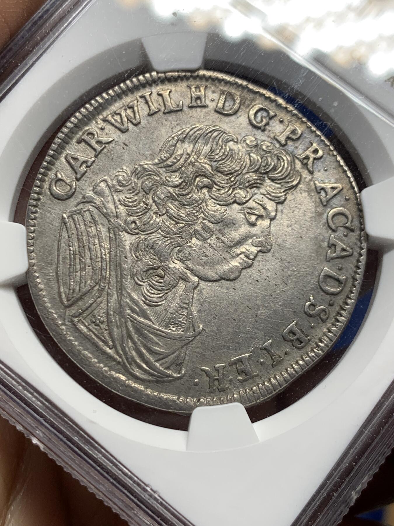 《竞宝斋》第453场 周日，周一 2场连拍 （全场包邮，欢迎送拍） NGC MS62 神圣罗马帝国1679年2/3泰勒大银币 半机制币难得的MS! 安哈尔特-采尔布斯特亲王国(俄女皇叶卡捷琳娜二世的母国) 滚压工艺细节清晰非常不容易  2/3T是流通主力大面值 更大的泰勒是极个别年份才发行的高贵面值