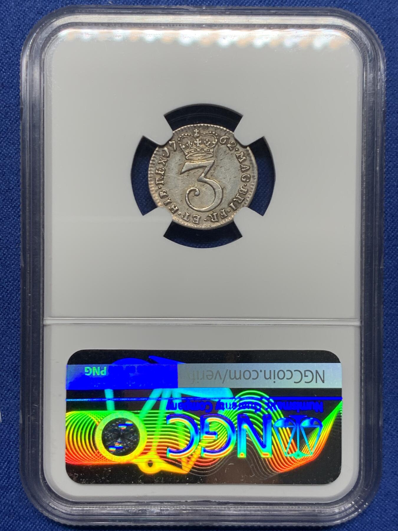 《竞宝斋》第453场 周日，周一 2场连拍 （全场包邮，欢迎送拍） NGC UNCD 英国1762年乔治三世3便士银币，濯足节系列银币，深打