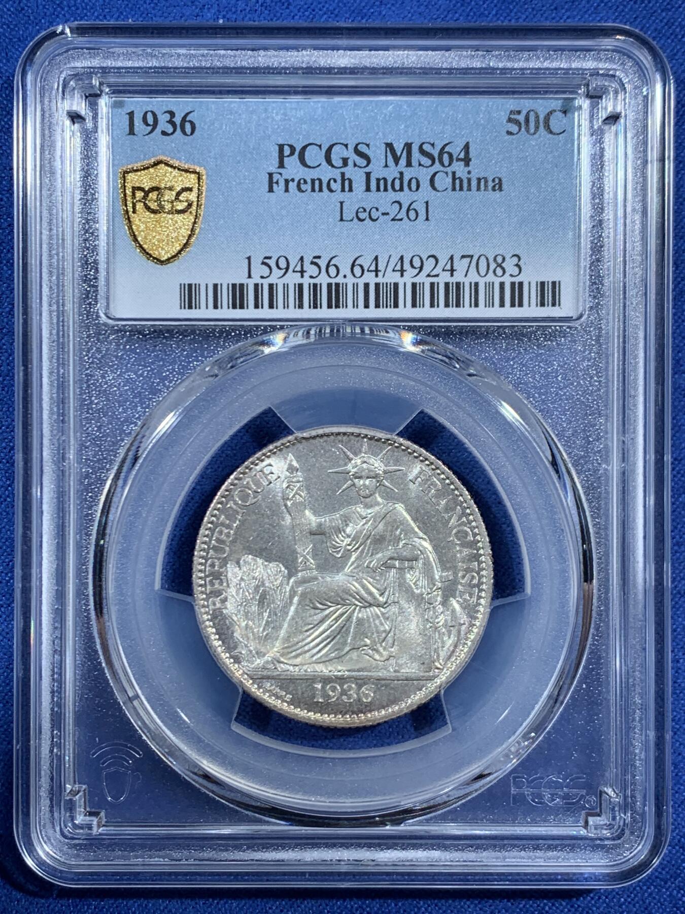 《竞宝斋》第453场 周日，周一 2场连拍 （全场包邮，欢迎送拍） PCGS MS64 法属印支1936年坐洋50分银币 细节甚佳