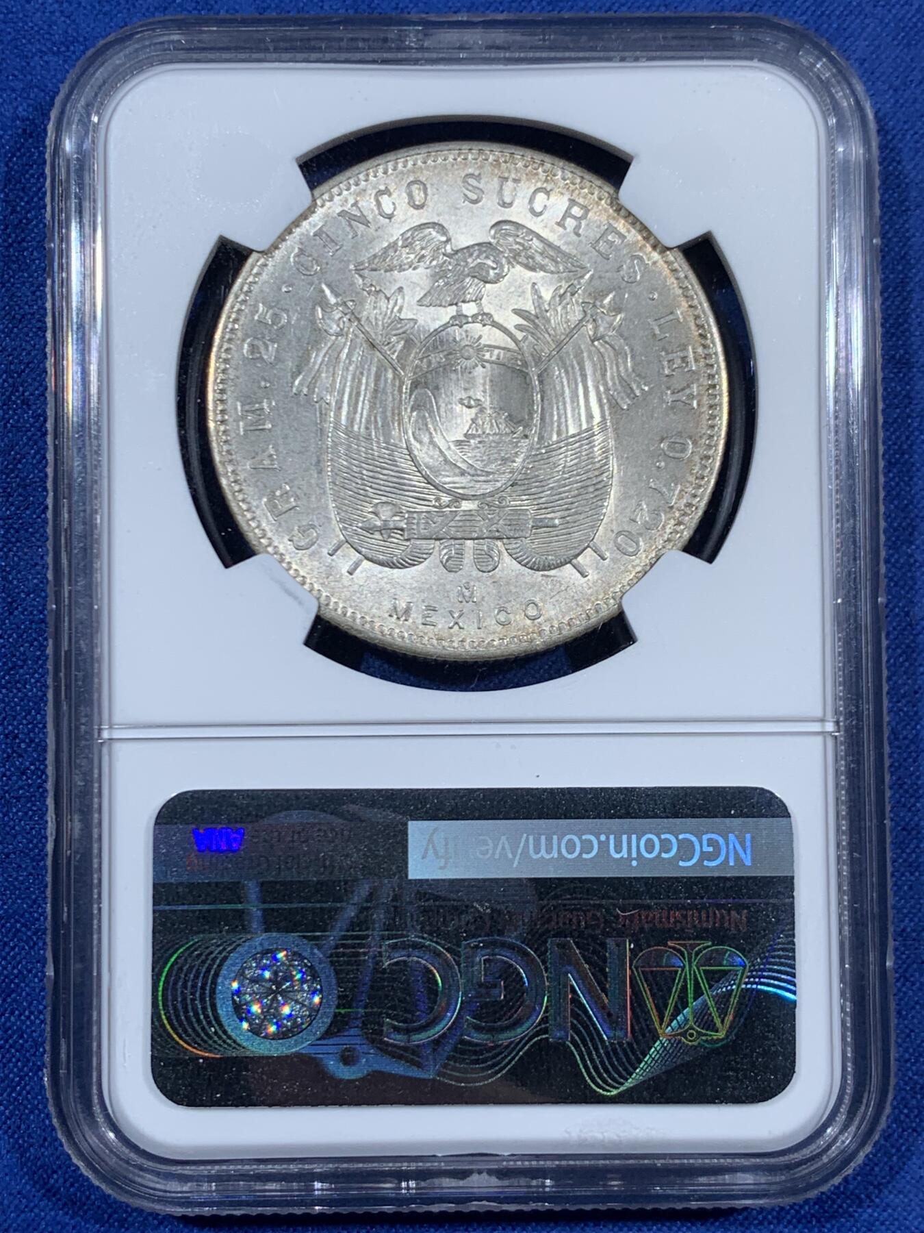 《竞宝斋》第453场 周日，周一 2场连拍 （全场包邮，欢迎送拍） NGC MS63 厄瓜多尔1943年5苏克雷大银币，带光好品。