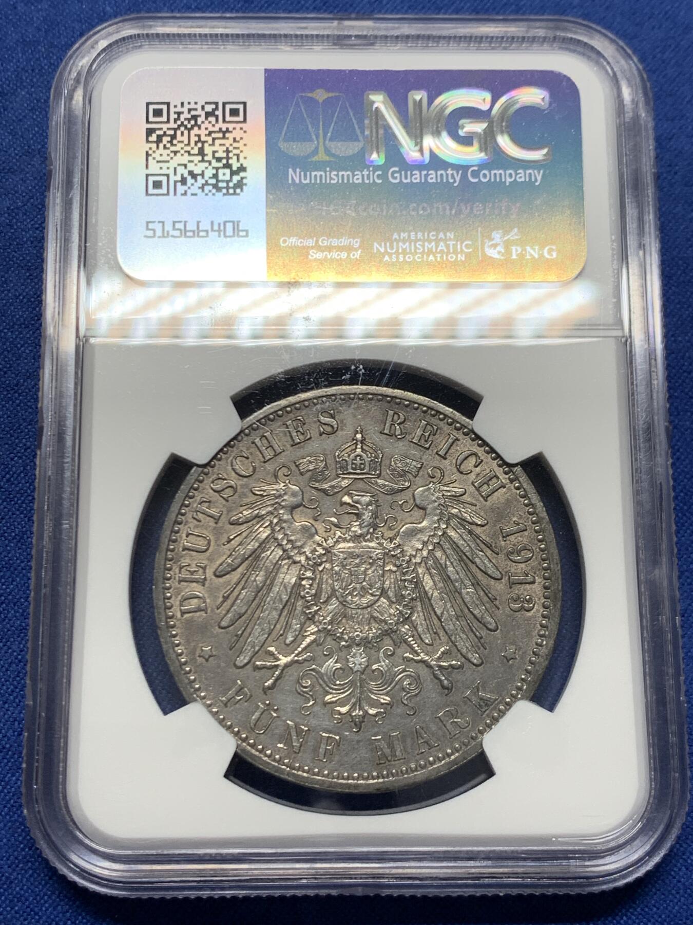 《竞宝斋》第453场 周日，周一 2场连拍 （全场包邮，欢迎送拍） NGC UNC 德国汉堡1913年5马克银币 全深打，底板细腻，细节完整，包浆醇厚，性价比之选