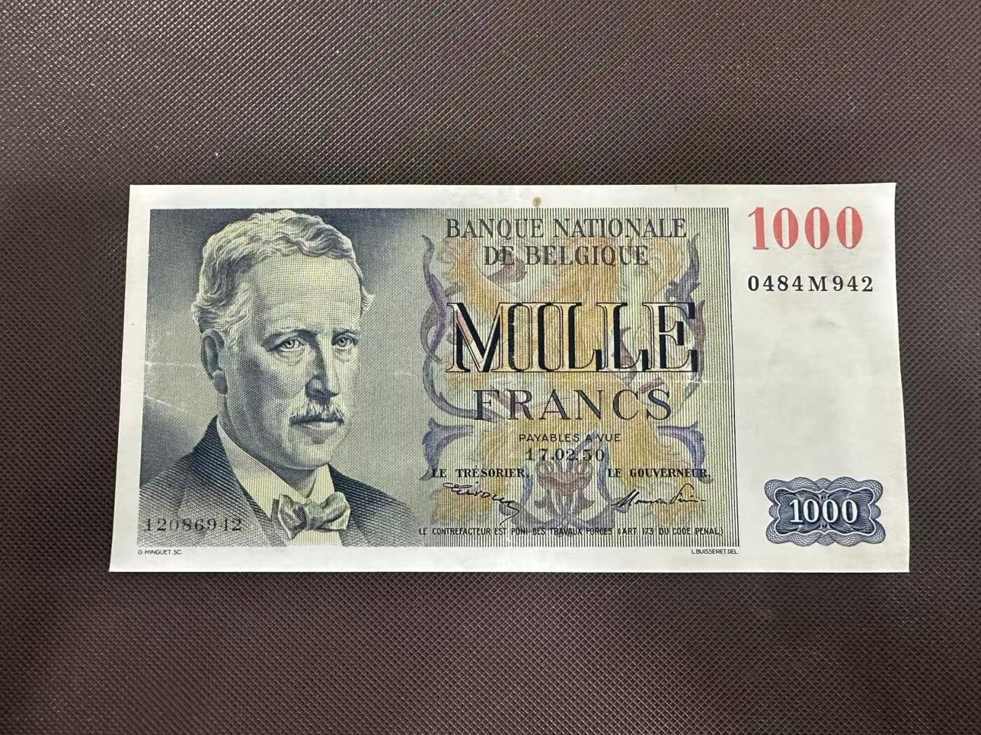喜羊羊钱币收藏2025第11期(流通品相场) 比利时	P-131a 1950年1000法郎  品相如图				0484.M.942			