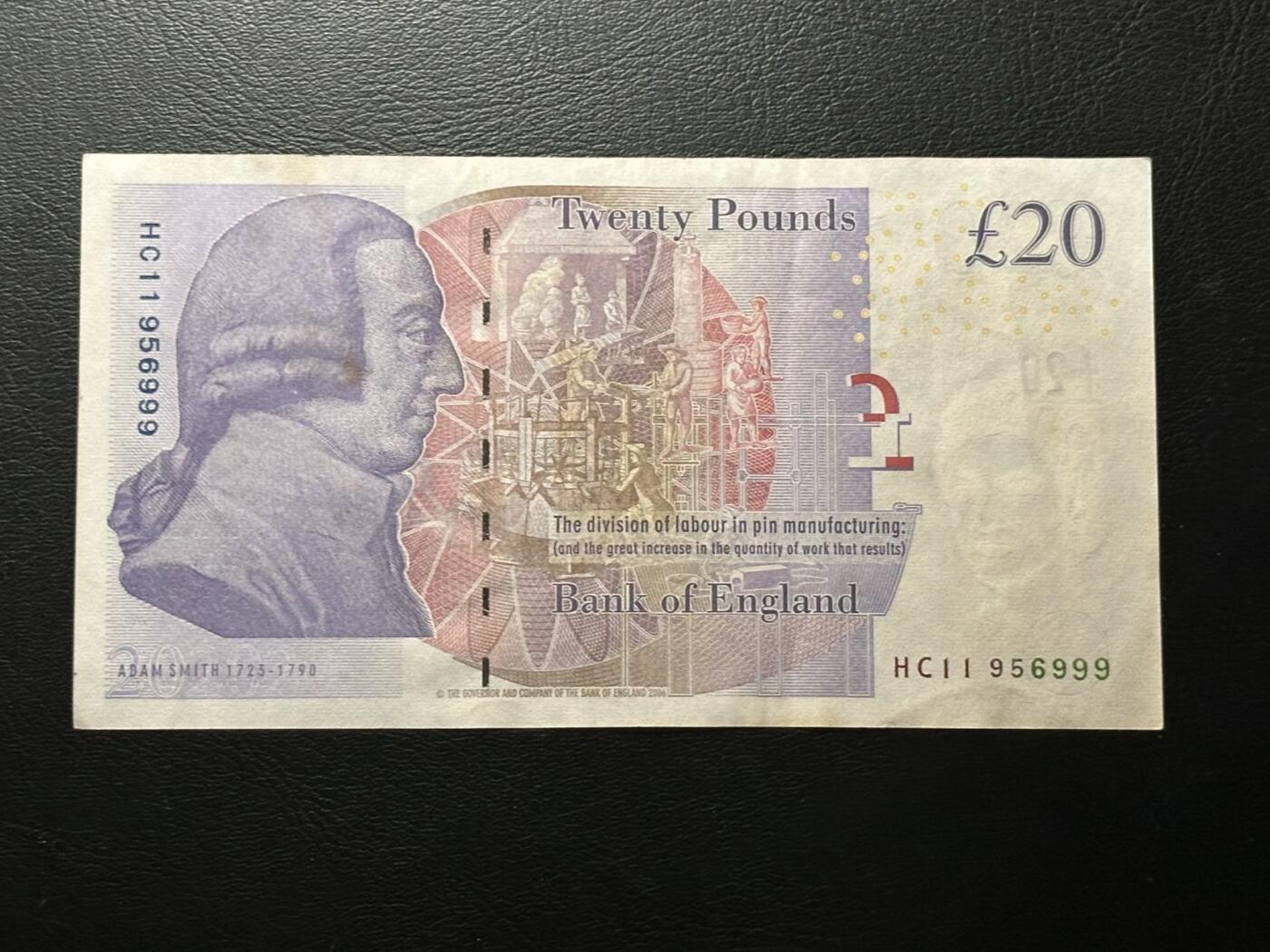 九十九场（喜迎元旦） 英国F序列20英镑流通品，，数三，999豹子号！无47！背面是亚当斯密，近代经济学之父！