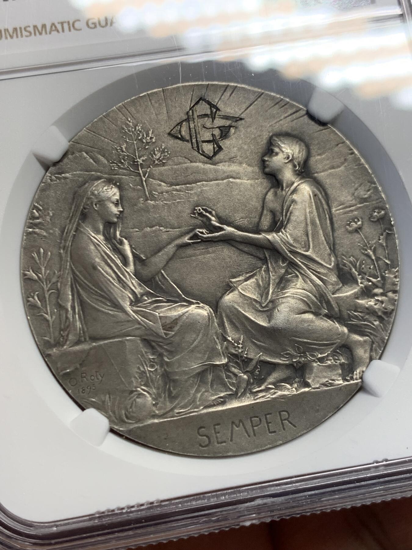 《竞宝斋》第453场 周日，周一 2场连拍 （全场包邮，欢迎送拍） NGC MS62 法国1898年O.Roty作品“SEMPER”永恒的爱 婚礼纪念银章，直径：41 mm，少见双面刻花，状态一流，极致收藏，名家经典，品相不错