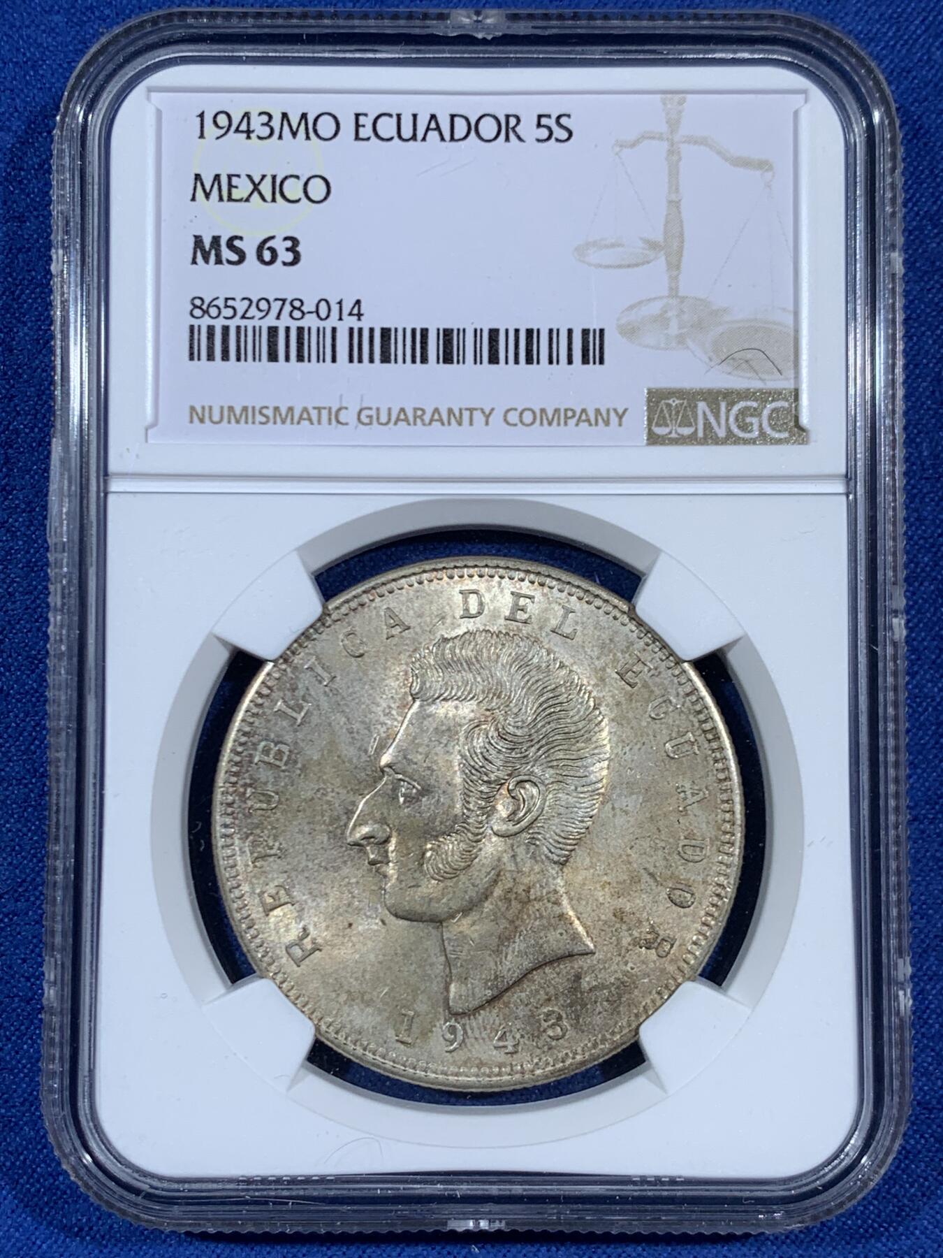《竞宝斋》第453场 周日，周一 2场连拍 （全场包邮，欢迎送拍） NGC MS63 厄瓜多尔1943年5苏克雷大银币，带光好品。