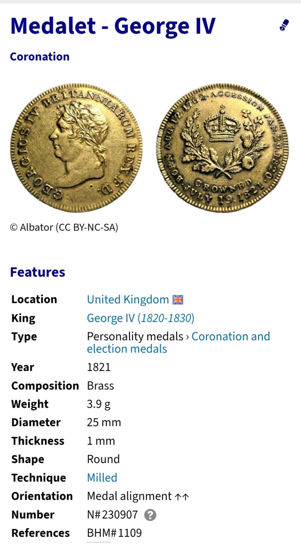 2026年第一场(总第一百七十场）外国好品散币场(免佣金) 少见好品–英国🇬🇧1821年黄铜纪念章(乔治四世加冕纪念章，出生于1762年8月12日，1820年1月29日登基，1821年7月19日加冕)