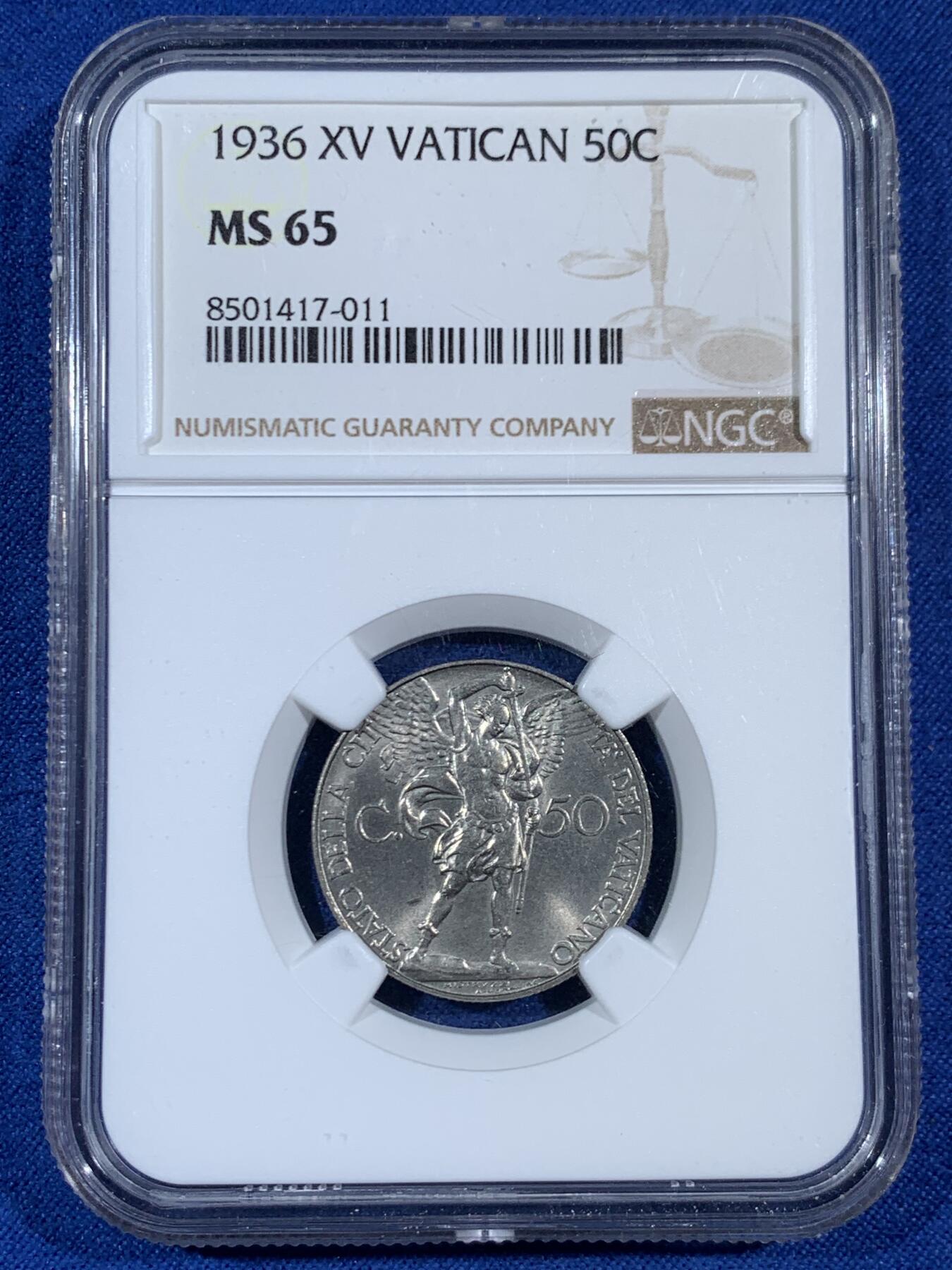 《竞宝斋》第453场 周日，周一 2场连拍 （全场包邮，欢迎送拍） NGC MS65 梵蒂冈1936年大天使50分，季军分。