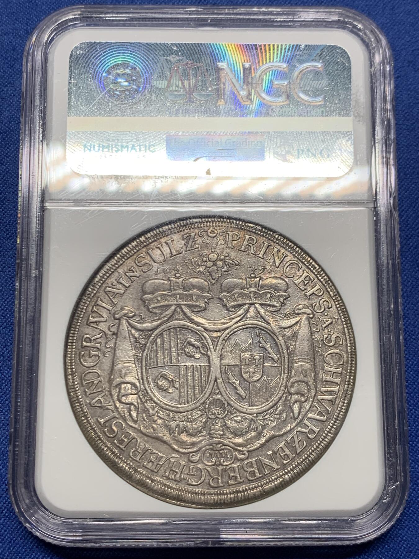 《竞宝斋》第453场 周日，周一 2场连拍 （全场包邮，欢迎送拍） NGC AU53 德国1696施瓦岑贝格  泰勒大银币，费迪南和玛利亚安娜结婚纪念 早期超大规格泰勒 只能美国评级了 非常难得