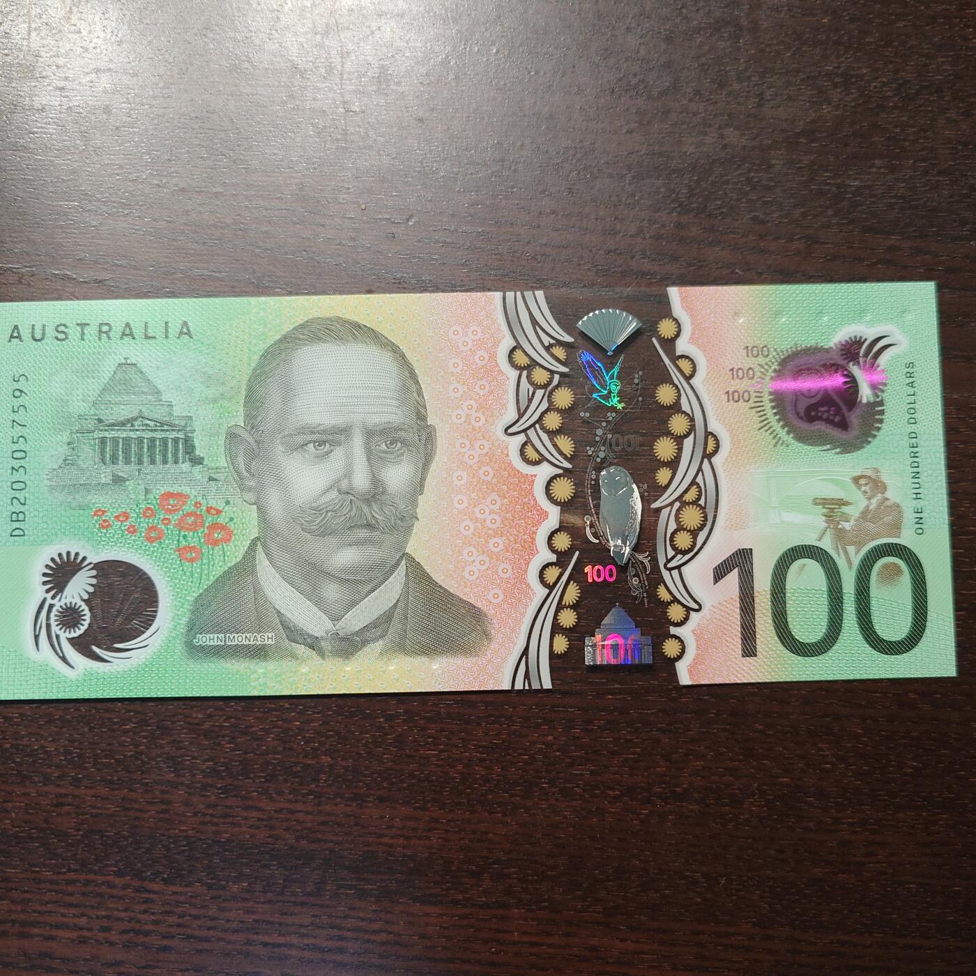 【新年二拍】世界钱币～微拍第223期暨2025年第63期  裸钞专场超低起拍 欢迎参与 2020年澳大利亚100元 全新绝品无4尾号7595