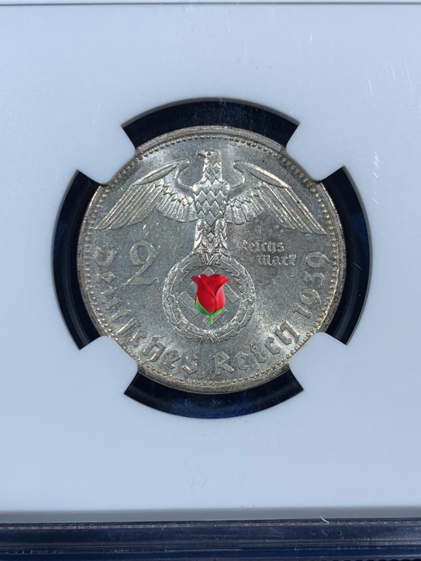 《竞宝斋》第453场 周日，周一 2场连拍 （全场包邮，欢迎送拍） NGC MS63 德国1939A兴登堡带字二马克银币 63分好状态