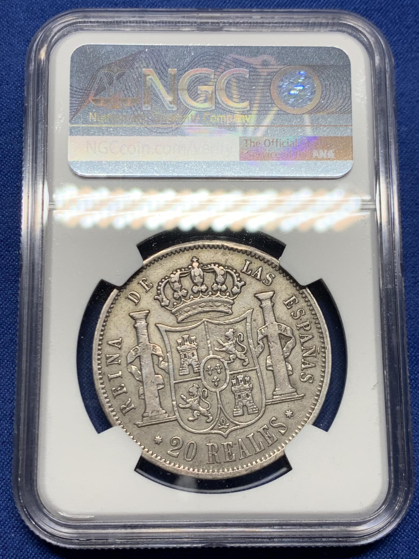 《竞宝斋》第453场 周日，周一 2场连拍 （全场包邮，欢迎送拍） NGC VFD 西班牙 1852年 伊萨贝拉猪头妹 20R 大银币