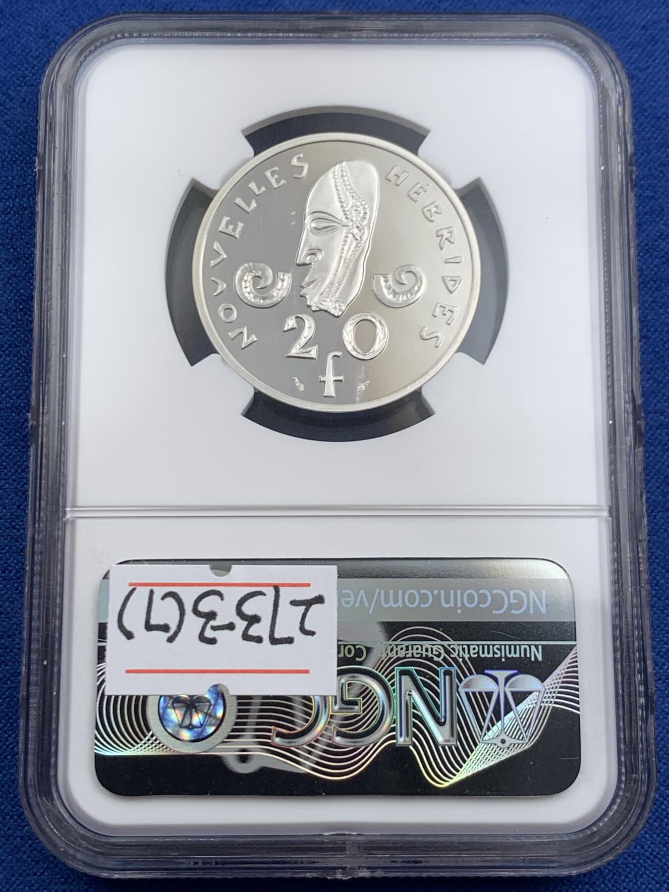 《竞宝斋》第453场 周日，周一 2场连拍 （全场包邮，欢迎送拍） 七枚一组 NGC PF67UC-PF69UC 法属赫布里底群岛1974年/1979年加厚精制校样银币 100法郎为加厚盒 太平洋岛国 艺术设计独特 只有几百枚的发行量 8月份SBP一套分数较差的成交价为人民币11000元