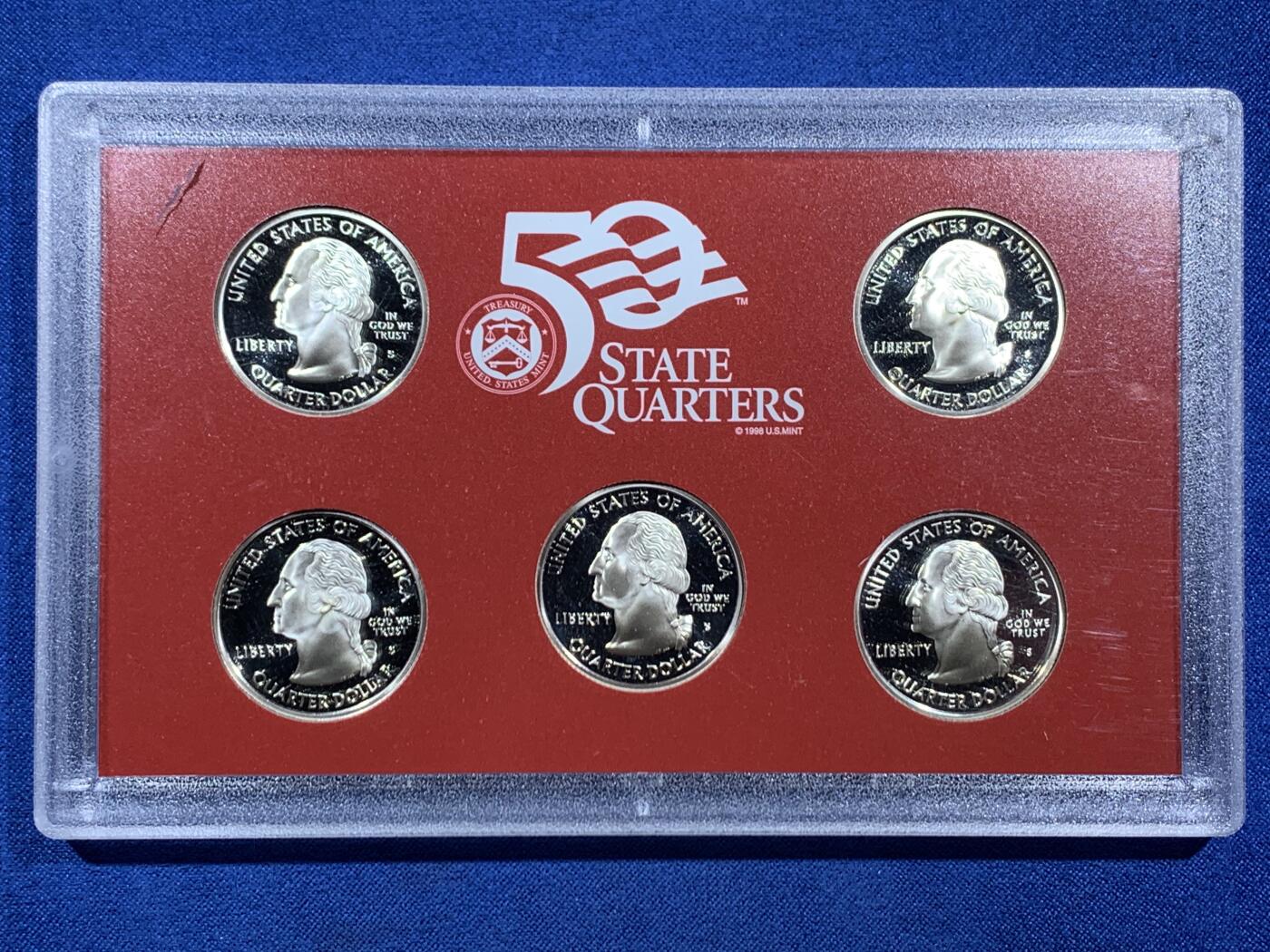 《竞宝斋》第453场 周日，周一 2场连拍 （全场包邮，欢迎送拍） 美国2006年50州系列25美分5枚精制银币套 带盒证 6.25克X5枚 900银