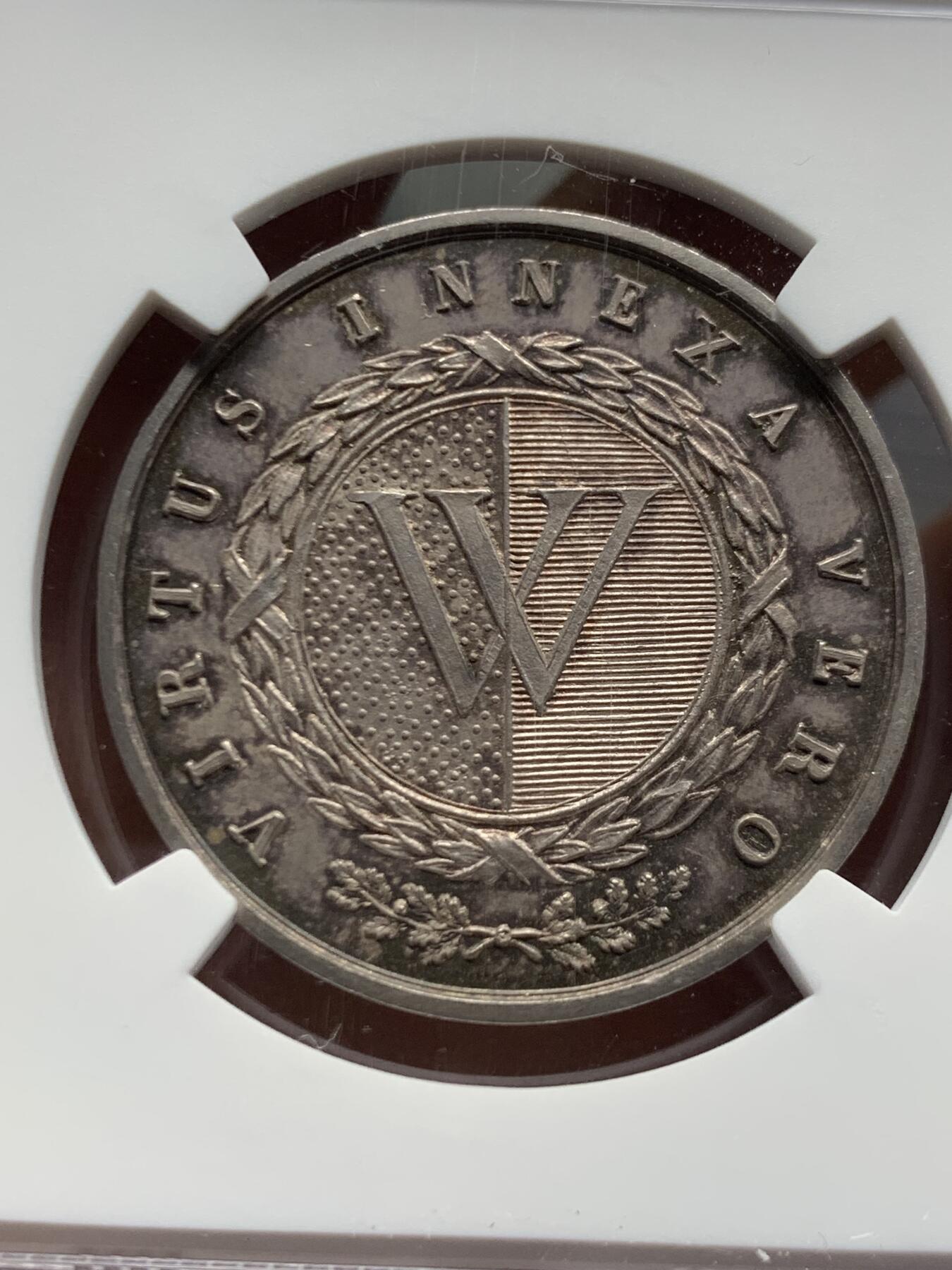 《竞宝斋》第453场 周日，周一 2场连拍 （全场包邮，欢迎送拍） NGC UNC 瑞士 早期 学院银质奖章 人物细腻 双面包浆也非常漂亮