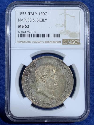 《竞宝斋》第453场 周日，周一 2场连拍 （全场包邮，欢迎送拍） - NGC MS62 意大利两西西里王国1855年斐迪南二世120G银币，那不勒斯+西西里120GRANA，包浆漂亮。