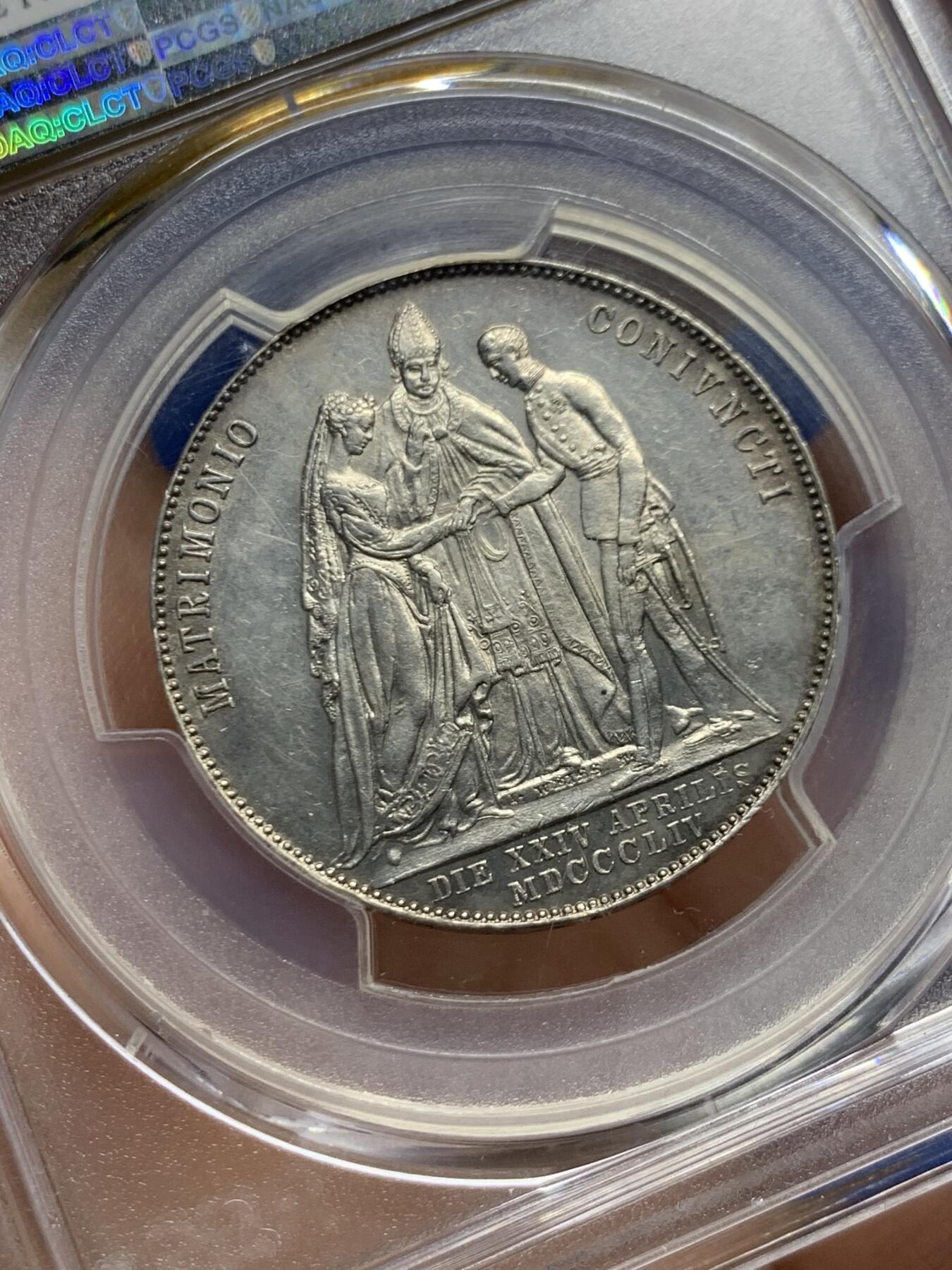 《竞宝斋》第453场 周日，周一 2场连拍 （全场包邮，欢迎送拍） PCGS UNC 奥地利1854年茜茜公主结婚纪念1盾银币，原光，人像细致，少见品种
