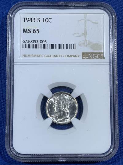 《竞宝斋》第453场 周日，周一 2场连拍 （全场包邮，欢迎送拍） - NGC MS65 美国1943S小飞侠10美分银币 状态舒服 经典丘墨利