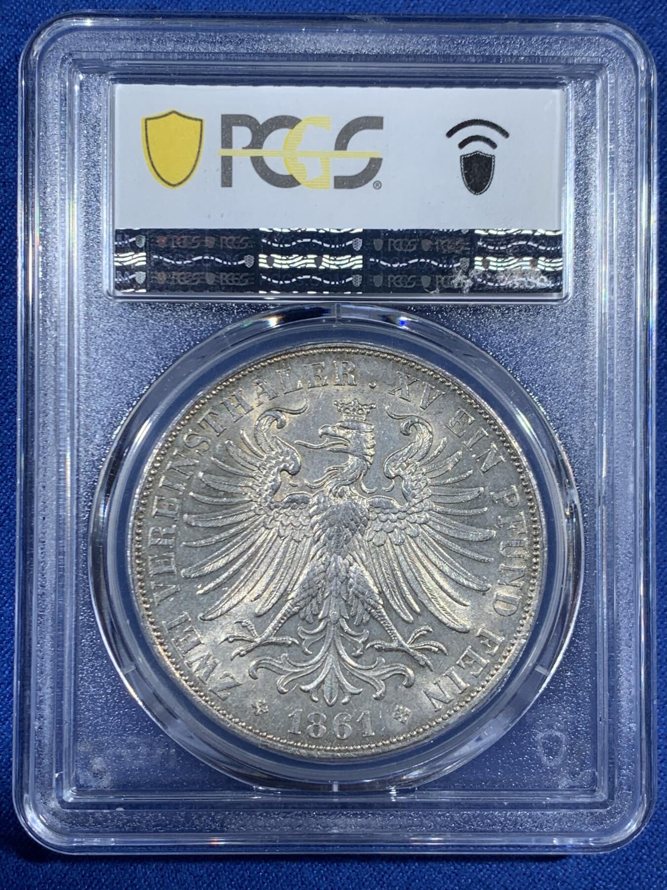《竞宝斋》第453场 周日，周一 2场连拍 （全场包邮，欢迎送拍） PCGS AU58 德国 1861年 法兰克福少女 2泰勒 银币