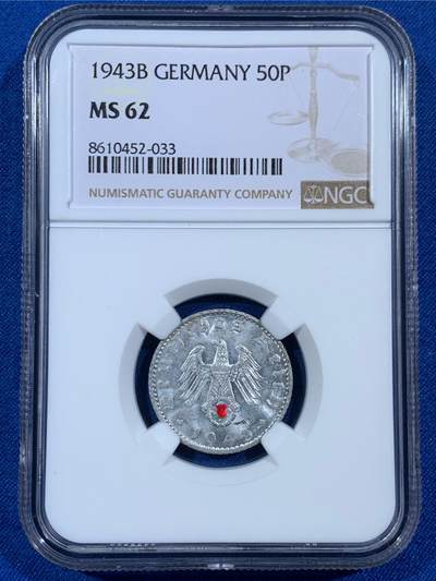《竞宝斋》第453场 周日，周一 2场连拍 （全场包邮，欢迎送拍） - NGC MS62 德国1943B五十芬尼铝币，大面值的很少见，铝不易保存存世量很少，好品难得，值得收藏