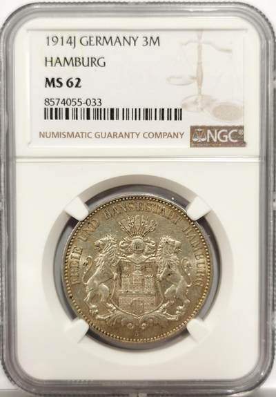 博洋堂“岁启嘉年”2026新年精品大拍专场暨第155期（全场包邮） - NGC MS62 1914年德国汉堡自由市3马克银币，双狮长翅鹰，原汁原味老包浆，状态极佳。