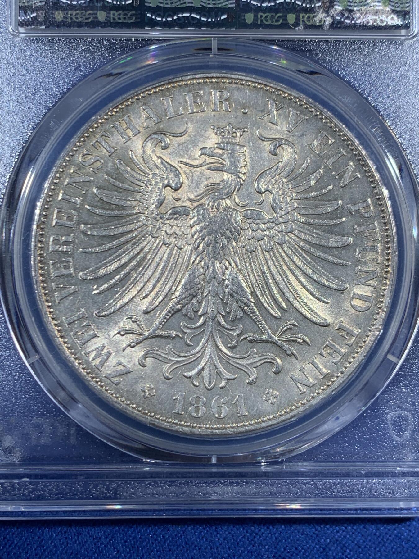 《竞宝斋》第453场 周日，周一 2场连拍 （全场包邮，欢迎送拍） PCGS AU58 德国 1861年 法兰克福少女 2泰勒 银币