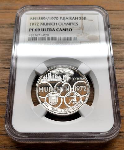 凡希社世界钱币微拍第三百十六期 - 1970富查伊拉慕尼黑奥运会纪念5R银币精铸NGC-PF69UC