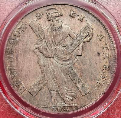 凡希社世界钱币微拍第三百十六期 - 1769德国不伦瑞克-卡伦贝格-汉诺威圣安德鲁与十字架泰勒大银PCGS-UNCD，欧陆灰彩，实物状态一流，正面略有色差。（视频参考）