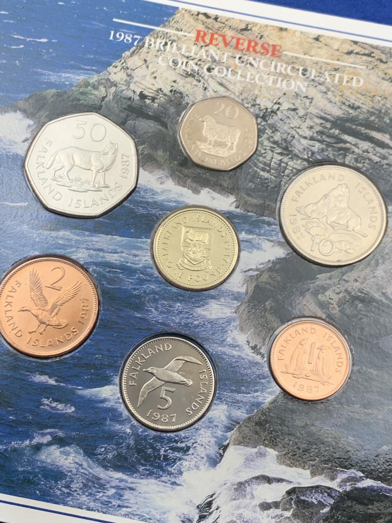 《竞宝斋》第453场 周日，周一 2场连拍 （全场包邮，欢迎送拍） 福克兰群岛 1987 造币厂套装 全7枚套币 英国皇家造币厂